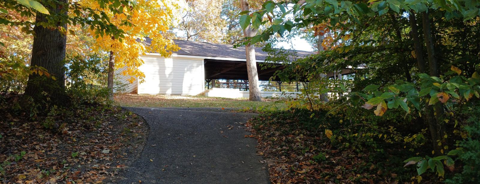 A paved path climbs through autumn trees toward an open-sided picnic pavilion with a sunlit white wall.